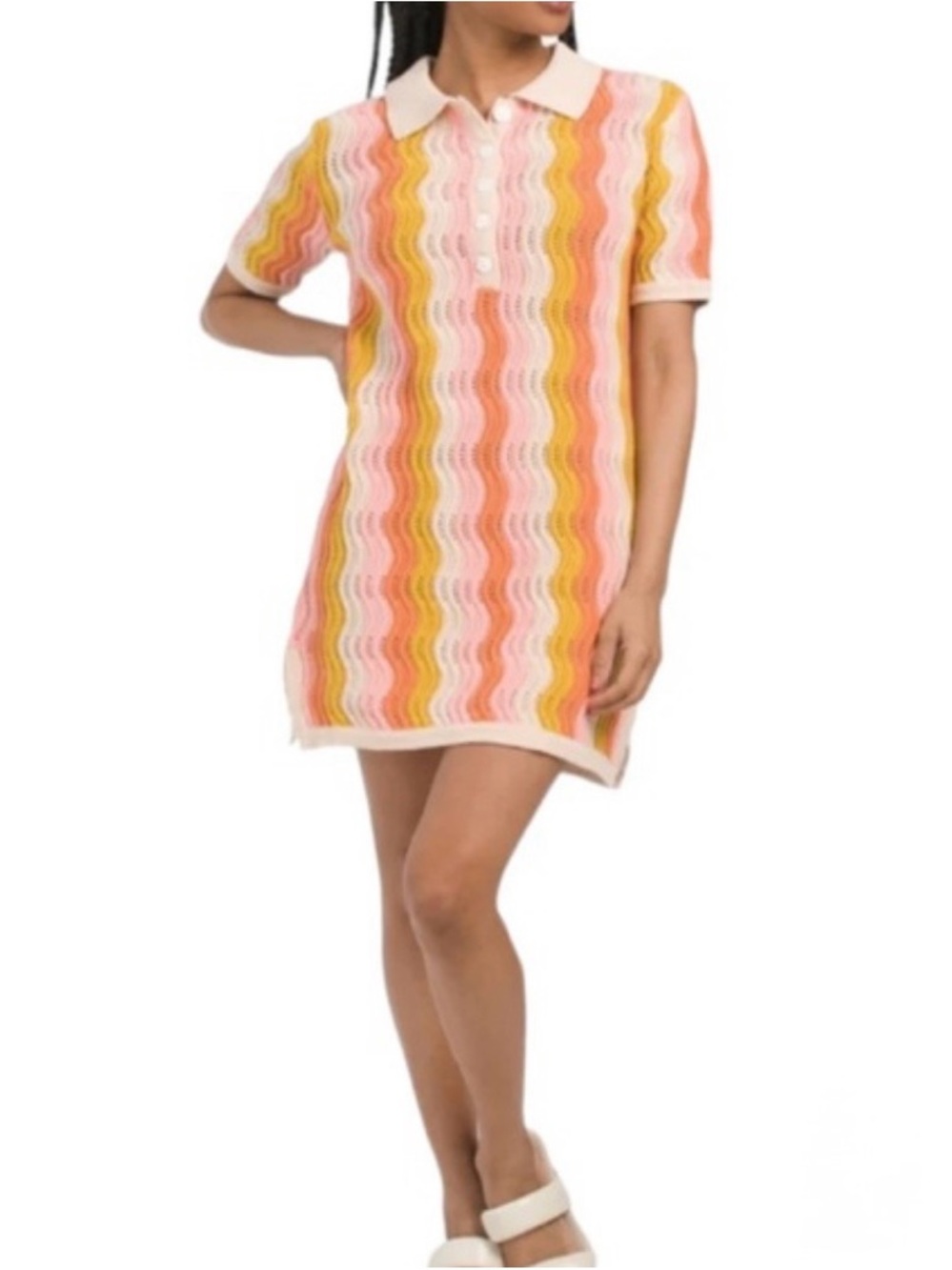 Heartloom Crochet Polo Mini Dress Small Pink Orange Wave Stripe Knit